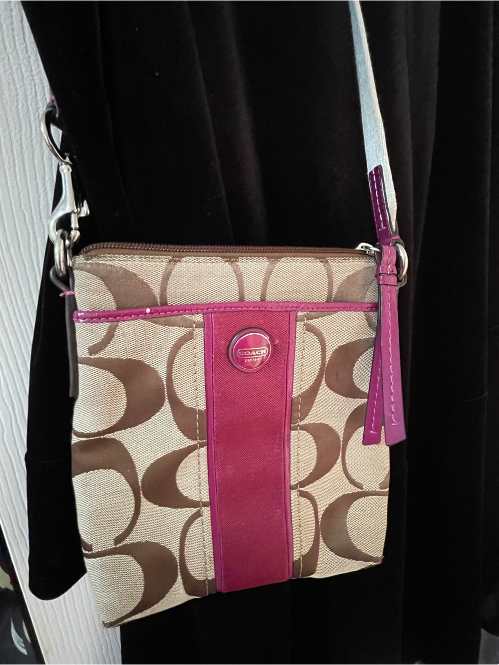 Coach Khaki Canvas Crossbody with Pink Trim